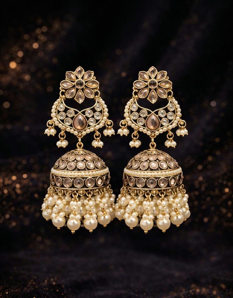 Indian long polki Earrings: Pearl Bridal Jewelry image 2