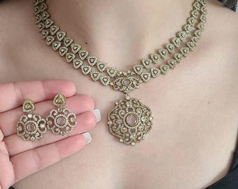 American Diamond Necklace Set: Victorian Bridal Jewelry with Pink Gemstones