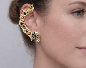 Antique peacock ear cuff jhumkas| Handmade Indian Statement Jewelry, Gold plated ear wraps