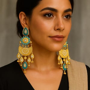 Antique Gold Kashmiri Jhumka Earrings | Pearl Green Stone Dangler Bridal Jewelry image 2