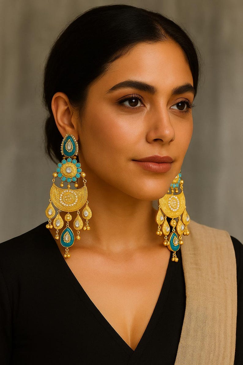 Antique Gold Kashmiri Jhumka Earrings | Pearl Green Stone Dangler Bridal Jewelry image 2