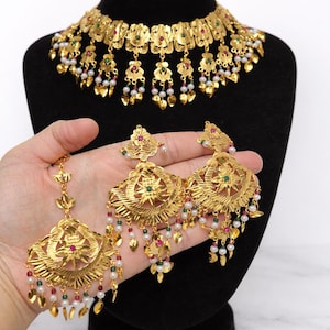 Gold Piple Patti Choker-Set, indischer Brautschmuck, Jadau-Halskette