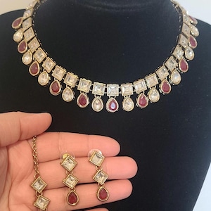 Maroon kundan Choker Necklace Set: Antique Gold-Plated Indian Wedding Jewelry