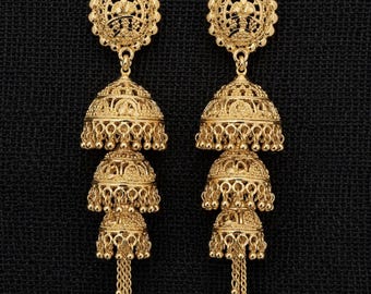 Pendientes Jhumka de capas con aspecto de oro indio, estilo tradicional punjabi balinés, joyería Jaggo de Dubái