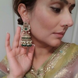 Indian long polki Earrings: Pearl Bridal Jewelry image 1