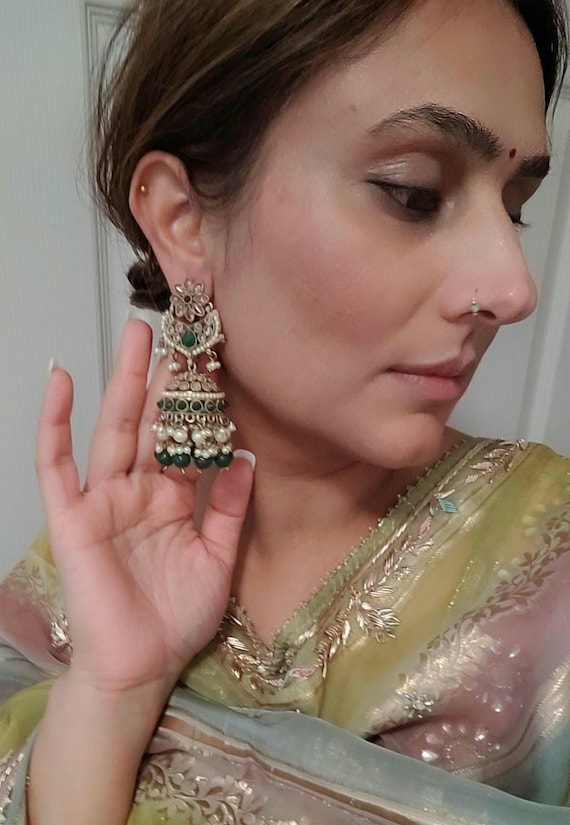 Indian long polki Earrings: Pearl Bridal Jewelry
