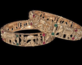 Elephant Bangles: Antique Gold Indian Bridal Jewelry, Set of 2