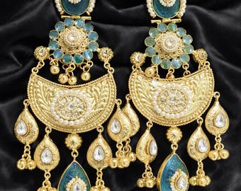 Antique Gold Kashmiri Jhumka Earrings | Pearl Green Stone Dangler Bridal Jewelry