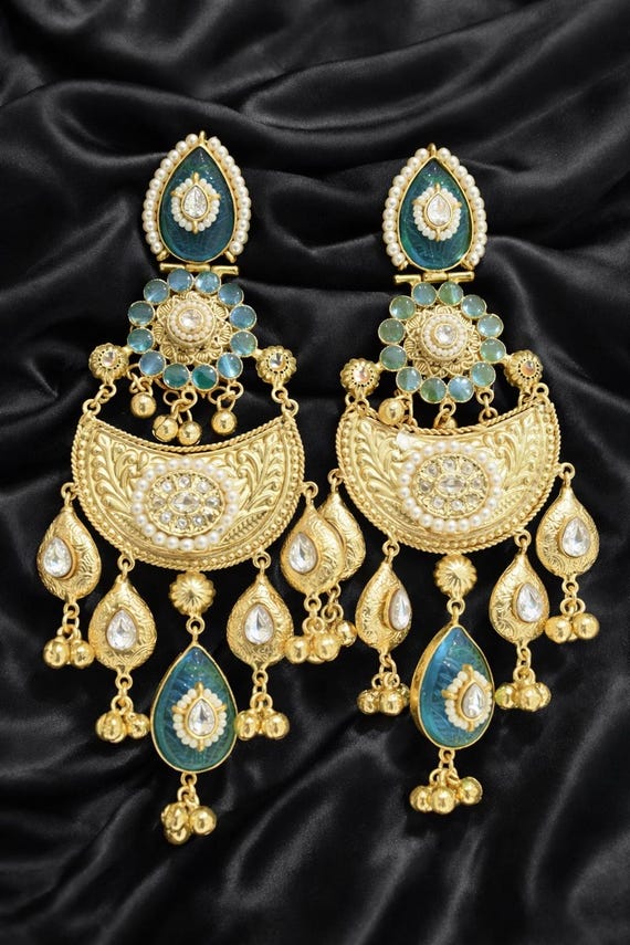 Antique Gold Kashmiri Jhumka Earrings | Pearl Green Stone Dangler Bridal Jewelry