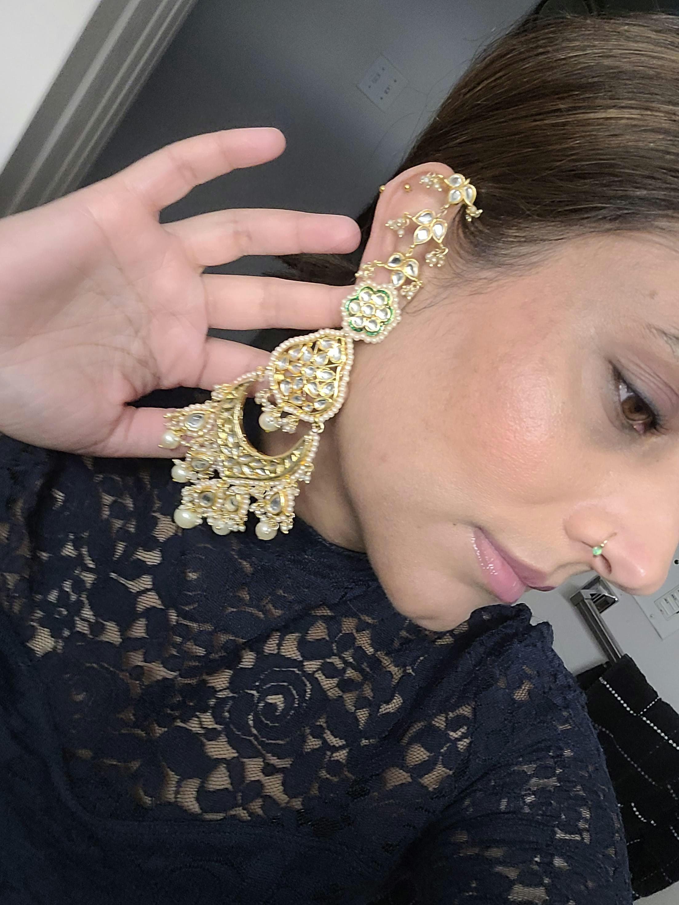 Long kundan earrings with ear chain, indian pakistani gold plated kundan jhumka, punjabi kundan chandbalis, indian wedding jewelry