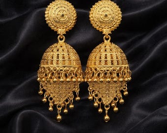 Gold Look Jhumka Earrings: Punjabi Baliyan Style, 22K Gold Plated