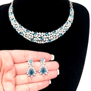 Turquoise Cubic Zirconia Necklace Set: Silver-Plated Bridal Jewelry