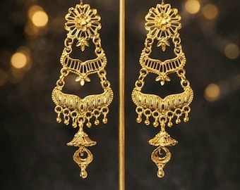 Gold Jhumka Earrings: Indian Wedding Jewelry, Lightweight 2.5"