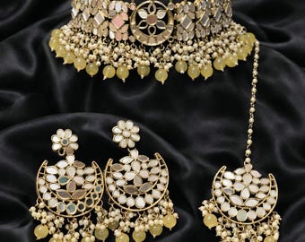 Yellow Mirror Choker Necklace Set: Indian Wedding necklace with earrings and tikka