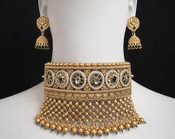 Kundan Polki green Choker Necklace Set | Gold Plated Bridal Jewelry, Rajasthani Aad
