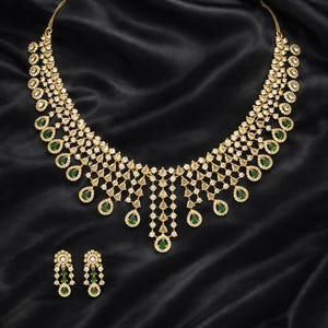 Emerald Ruby CZ Choker Necklace Set: Antique Gold Victorian Bridal Jewelry