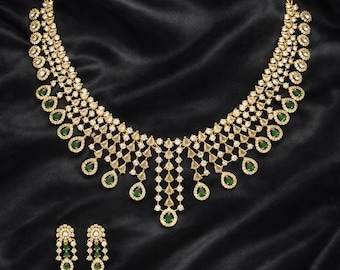 Emerald Ruby CZ Choker Necklace Set: Antique Gold Victorian Bridal Jewelry