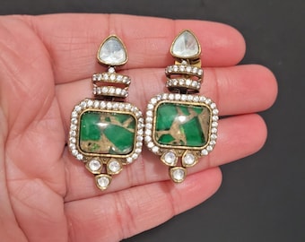 Victorian diamond Polki Kundan Earrings – Sabyasachi Inspired marble Doublet Stone Earrings – Bollywood Wedding Jewelry – Punjabi earrings