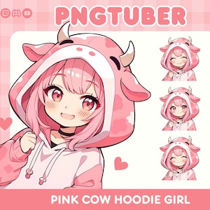 Cute Pink-Haired Girl in Pink Cow Hoodie PNG Tuber, Vtuber Avatar, Premade Model, Veado Tube Model, GIF Tuber, Discord, Streamer Overlay
