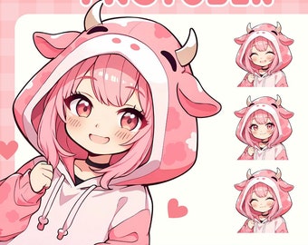 Cute Pink-Haired Girl in Pink Cow Hoodie PNG Tuber, Vtuber Avatar, Premade Model, Veado Tube Model, GIF Tuber, Discord, Streamer Overlay