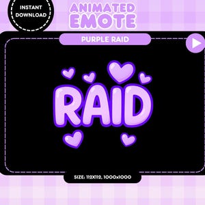 Puede incluir: Gráfico de emote animado con la palabra "RAID" en letras de burbujas moradas, rodeada de corazones morados, sobre un fondo negro. También se muestran las palabras "Animated Emote" y "Purple Raid". La imagen está sobre un fondo a cuadros morado claro.