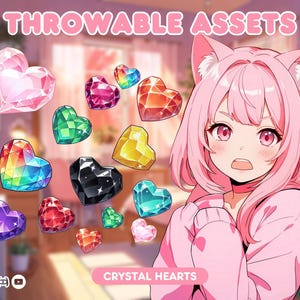 May include: A collection of colourful crystal heart-shaped charms. The charms are in various colours, including pink, red, green, blue, yellow, and rainbow. The charms are labelled "THROWABLE ASSETS" and "CRYSTAL HEARTS".