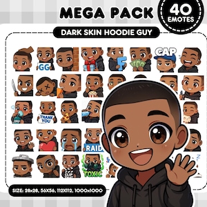 Pode incluir: Um pacote de arte digital com um personagem de pele escura com um capuz preto. A imagem inclui 40 emotes com várias expressões e ações. O texto inclui "MEGA PACK" e "DARK SKIN HOODIE GUY".