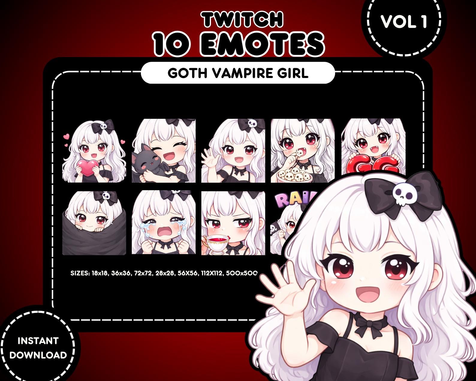 Goth Vampire Girl Twitch Emote Pack – 10 Gothic Emotes (white Hair, Red ...