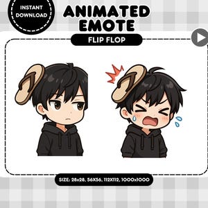 Puede incluir: Emoticón animado con un personaje de dibujos animados con cabello negro y una sudadera con capucha negra. El personaje tiene una chancla en la cabeza en dos expresiones diferentes. Se muestra el texto "ANIMATED EMOTE" y "FLIP FLOP".