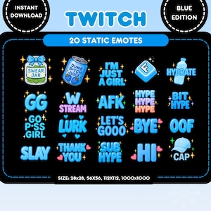 Può includere: Grafica scaricabile digitalmente con 20 emote statiche di Twitch a tema blu. Le emote includono testo come "SWEAR JAR", "DUMB B*TCH JUICE", "AFK", "BYE" e "OOF". L'immagine include anche il testo "INSTANT DOWNLOAD" e "BLUE EDITION".