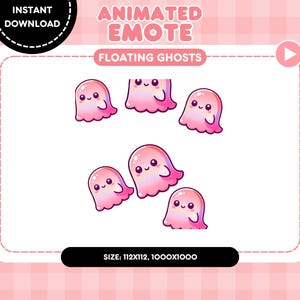 May include: Digital download graphic featuring six pink, cartoon ghosts with smiling faces. The text "ANIMATED EMOTE" and "FLOATING GHOSTS" are displayed. The image also includes the text "INSTANT DOWNLOAD" and size dimensions.