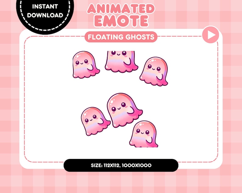 May include: Digital download graphic featuring six pink, cartoon ghosts with smiling faces. The text "ANIMATED EMOTE" and "FLOATING GHOSTS" are displayed. The image also includes the text "INSTANT DOWNLOAD" and size dimensions.