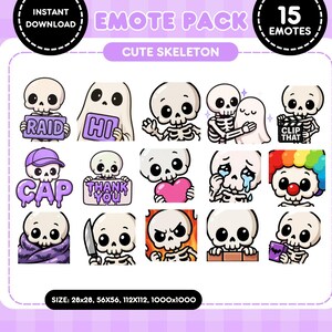 May include: A digital download graphic pack featuring 15 cute skeleton emotes. Each emote has a unique expression or pose, including holding signs, hugging, and wearing a cap. The pack includes the text "EMOTE PACK" and "CUTE SKELETON".