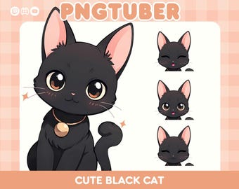 Cute Black Cat Chibi PNGTuber Model | Kawaii 2D Premade Vtuber Avatar | Adorable Streaming Character for Twitch & YouTube | Ready-to-Use