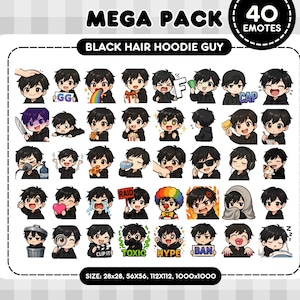 May include: A collection of 40 emotes featuring a black-haired hoodie guy in various poses and expressions. The emotes include text like "GG", "RAID", "CLIP IT", "TOXIC", "HYPE", and "BAN". The image also includes the text "MEGA PACK" and "40 EMOTES".