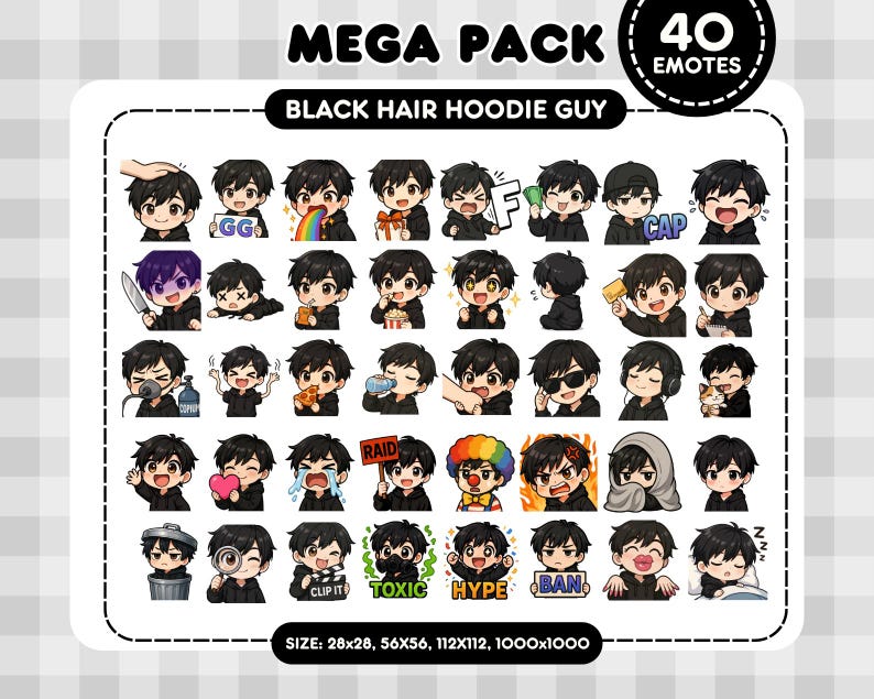 May include: A collection of 40 emotes featuring a black-haired hoodie guy in various poses and expressions. The emotes include text like "GG", "RAID", "CLIP IT", "TOXIC", "HYPE", and "BAN". The image also includes the text "MEGA PACK" and "40 EMOTES".