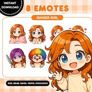 Pode incluir: Conjunto de oito emoticons digitais de desenho animado com uma menina de cabelo ruivo com diferentes expressões. Os emoticons são de vários tamanhos, incluindo 28x28, 56x56, 112x112 e 1000x1000 pixels.