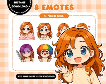Ginger Hair Girl Twitch Emotes | Cute Chibi Blue-Eyed Anime Emote Set | Vtuber & Discord Emotes | Instant Download