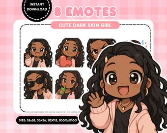 Emoticones de Twitch de chica negra chibi: Conjunto de gestos de chica morena