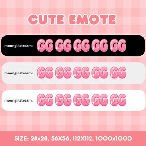 May include: Pink "GG" emotes with a sparkling effect, displayed on black, white, and light gray backgrounds. The text "CUTE EMOTE" is at the top. The text "moongirlstream:" is above each row of emotes. The image size is 28x28, 56x56, 112x112, and 1000x1000.