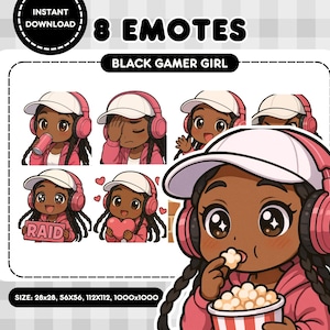 ちびアニメの黒人少女Twitchエモート | 黒人ゲーマーガールエモート | かわいいEガールエモートセット | すぐにダウンロード