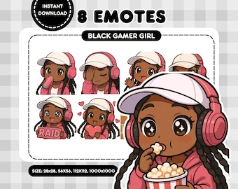 Chibi Anime Black Gamer Girl Twitch Emotes (Instant Download)