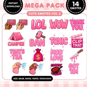 ガーリーピンクのTwitchエモート：Discord用ストリーマーエモートパック（PNGデジタルダウンロード）