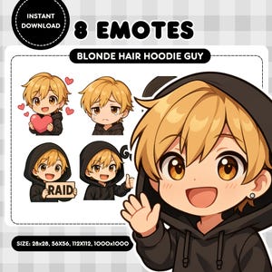 Può includere: Otto emoticon digitali di un personaggio dei cartoni animati con i capelli biondi che indossa una felpa con cappuccio nera. Il personaggio ha diverse espressioni, tra cui sorridere, piangere e tenere un cuore. Il testo "RAID" è visibile su uno degli emoticon.