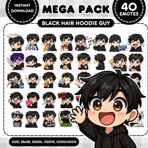 May include: A digital download graphic pack featuring 40 emotes of a black-haired anime-style character in a black hoodie. The emotes display various expressions and actions. The text "MEGA PACK" and "BLACK HAIR HOODIE GUY" are also visible.