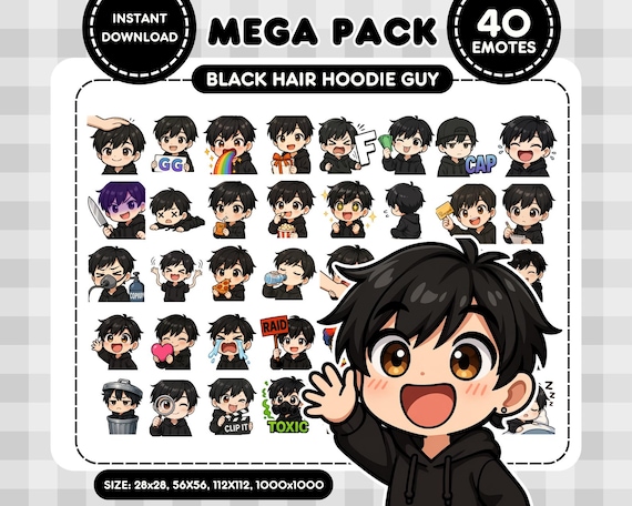 Black Hoodie Guy Twitch Emotes Pack - 40 Chibi Male Streamer Emotes for Discord