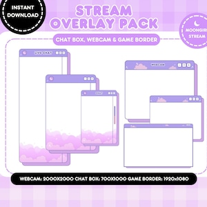 May include: A digital stream overlay pack in shades of purple and white. The pack includes chat boxes, webcam frames, and a game border. The image text reads "Stream Overlay Pack" and "Instant Download".