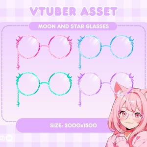 Puede incluir: Un conjunto de cuatro ilustraciones digitales de gafas con detalles de luna y estrellas. Las gafas son de color rosa, azul y verde. El texto "VTUBER ASSET" y "MOON AND STAR GLASSES" está en la parte superior de la imagen. El texto "SIZE: 2000x1500" está en la parte inferior de la imagen.