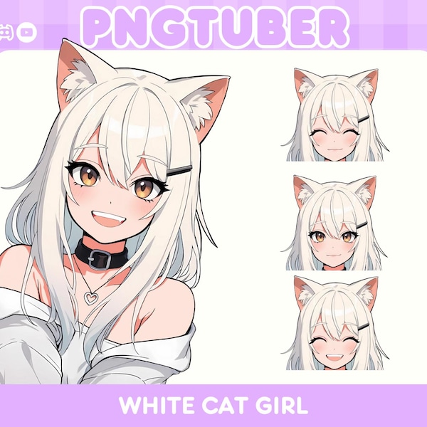 Modello PNGTuber di White Cat Girl: Avatar per lo streaming di anime (pronto all'uso)