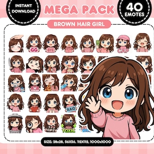 Mega Twitch Emote Pack – 40 Brown Hair Blue Eyes Emotes | Cute Chibi Set of Emote for Discord | Cute PNGTuber Emote Set | Brunette Girl